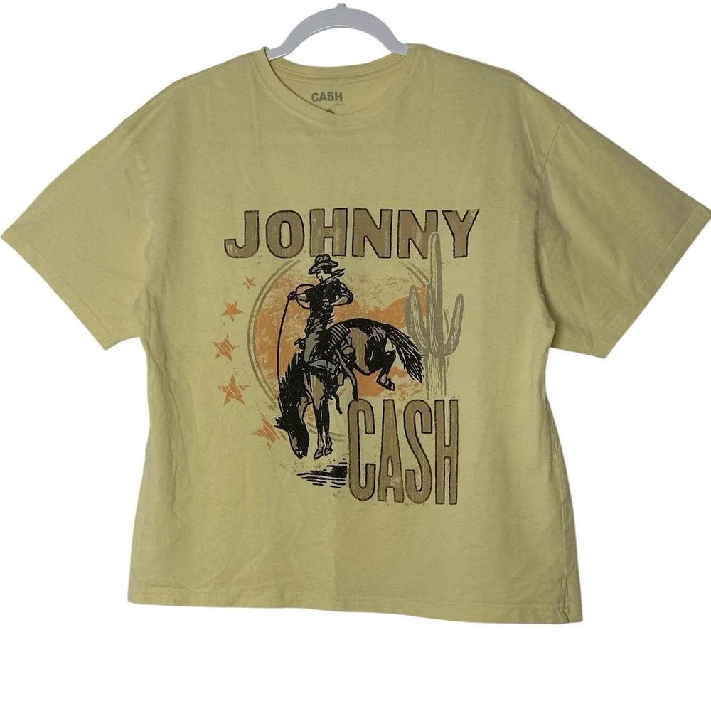 Johnny Cash T Shirt Top S /M Short Sleeve Pale Yellow Cowboy Rodeo Horse Western